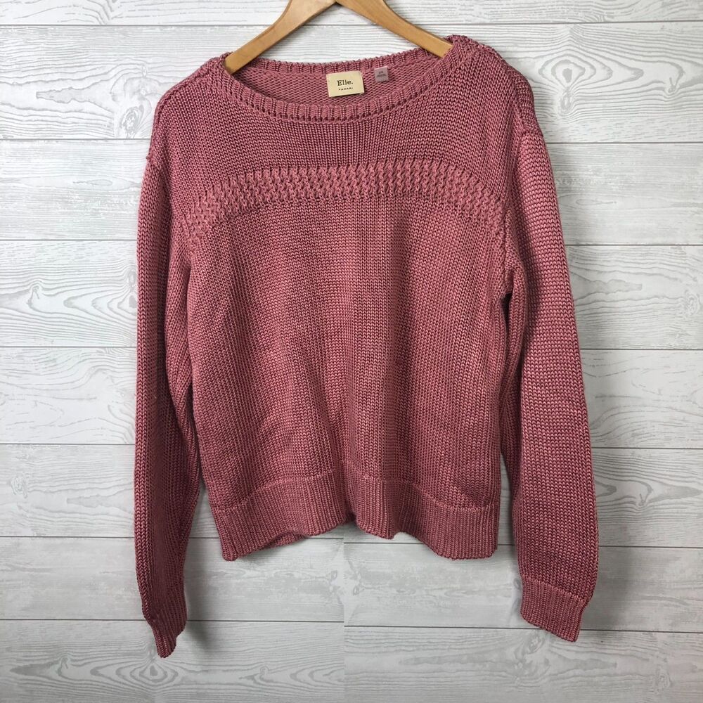 Elie Tahari Women's Large Long Sleeve Pullover Sweater Solid Pink Cotton Blend
